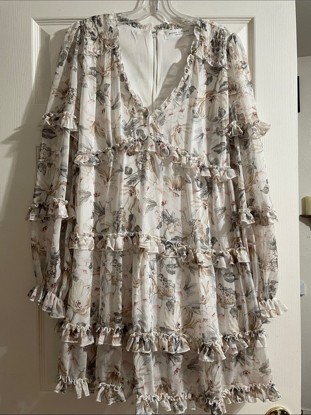 Ivory Floral Ruffle Tiered Long-Sleeve Mini Dress